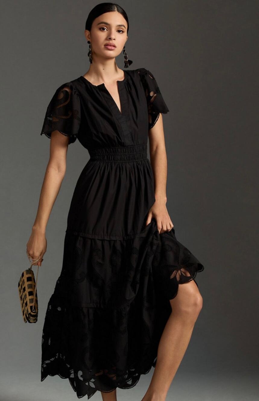 Anthropologie The Somerset Maxi Dress Cutwork Edition in Black Pockets Size XS